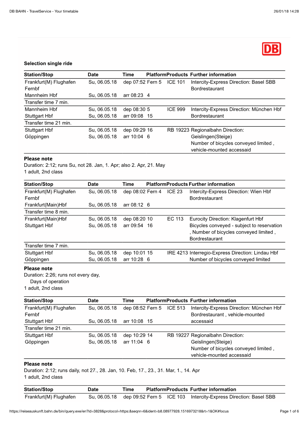 DB BAHN - Travelservice - Your Timetable 26/01/18 14:28
