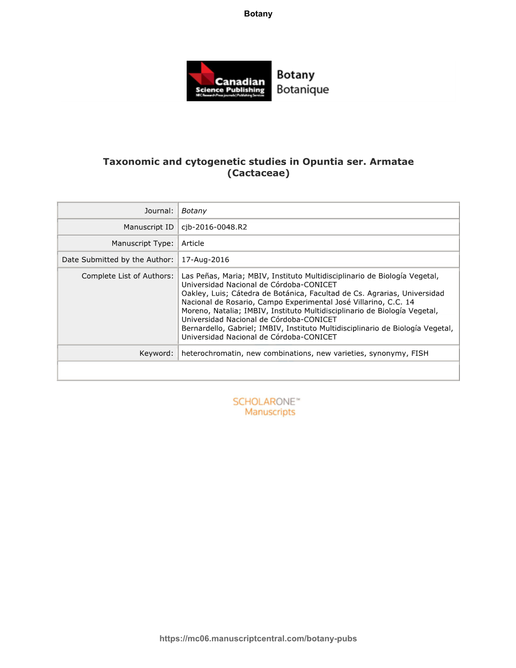 Taxonomic and Cytogenetic Studies in Opuntia Ser. Armatae (Cactaceae)