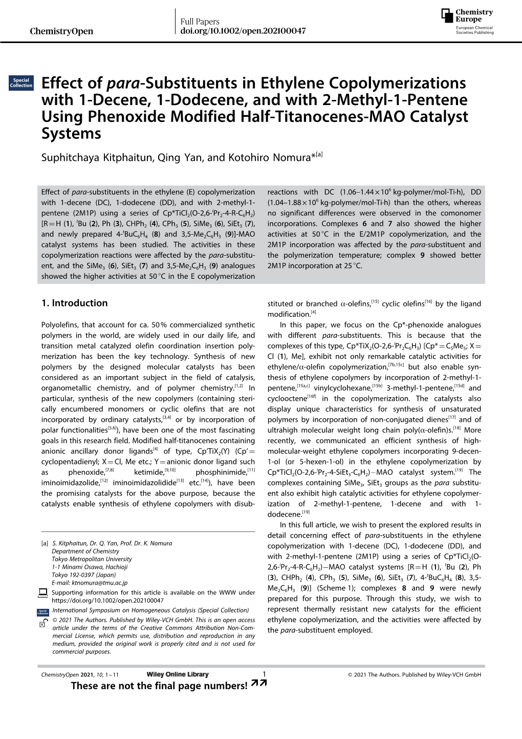 Effect of Para‐Substituents in Ethylene Copolymerizations with 1‐Decene