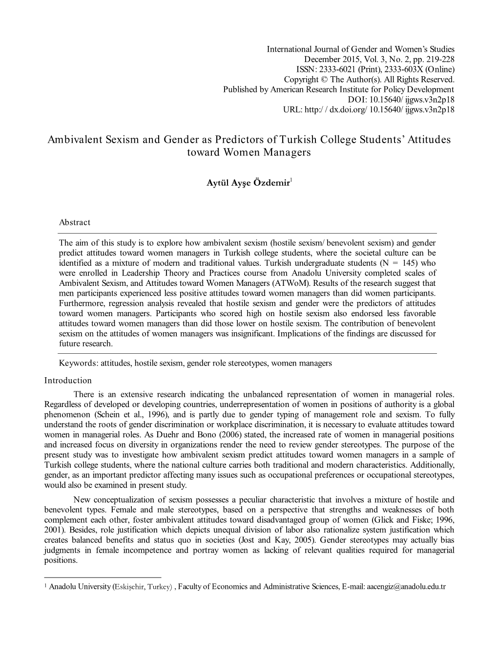 Ambivalent Sexism and Gender As Predictors of Turkish College Students’ Attitudes Toward Women Managers