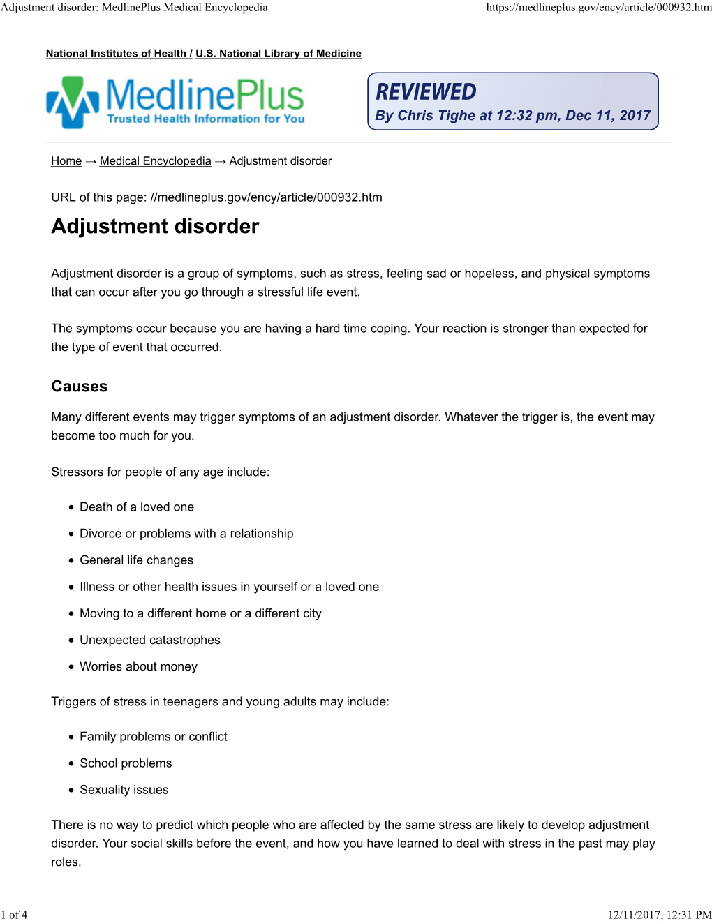 Adjustment Disorder: Medlineplus Medical Encyclopedia