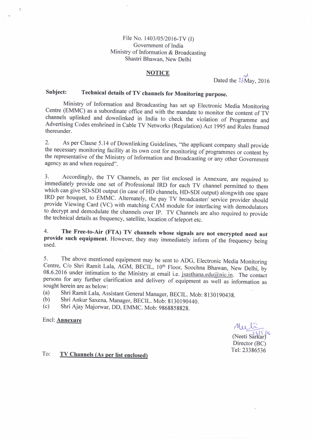 Technical Details of TV Channels for Monitoring Purpose