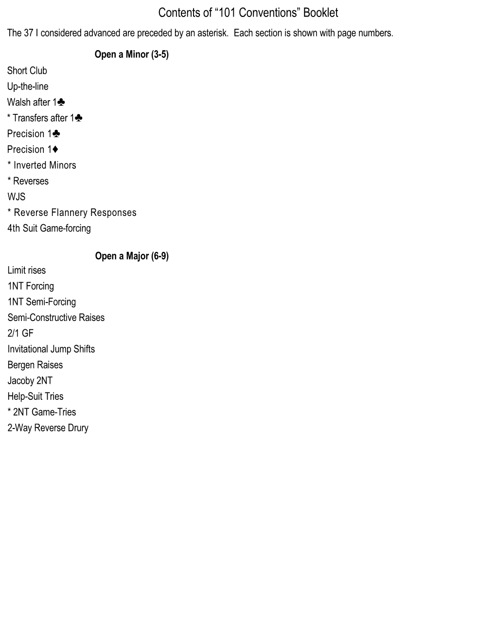 Contents of “101 Conventions” Booklet the 37 I Considered Advanced Are Preceded by an Asterisk