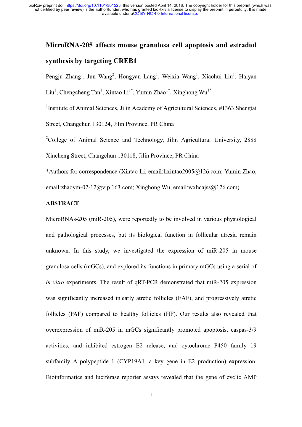 Microrna-205 Affects Mouse Granulosa Cell Apoptosis and Estradiol