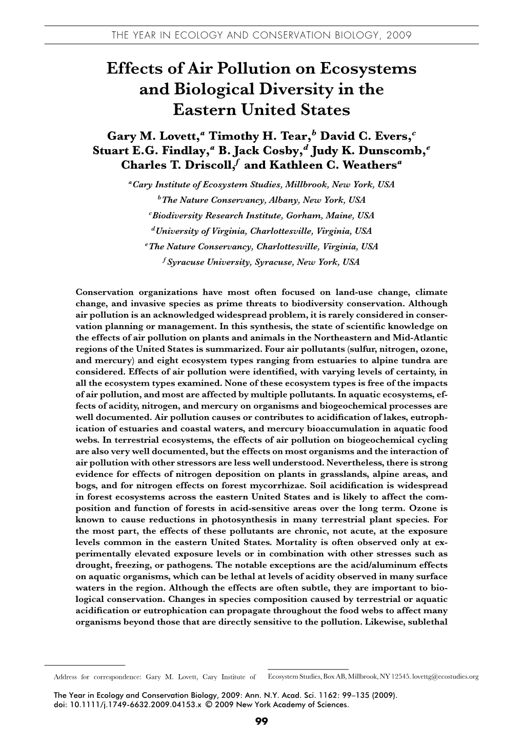 Effects of Air Pollution on Ecosystems and Biological Diversity in the Eastern United States Gary M