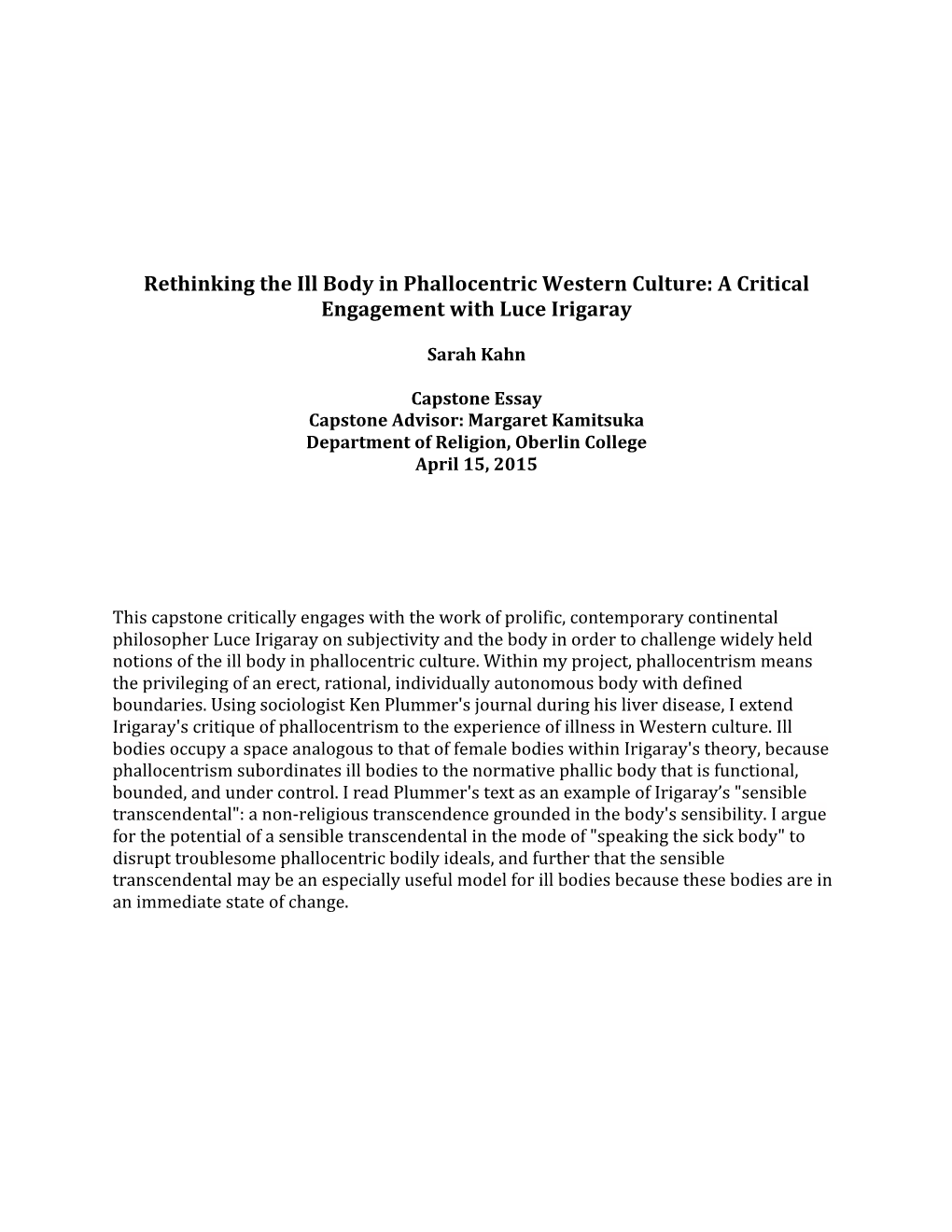 Rethinking the Ill Body in Phallocentric Western Culture: a Critical Engagement with Luce Irigaray