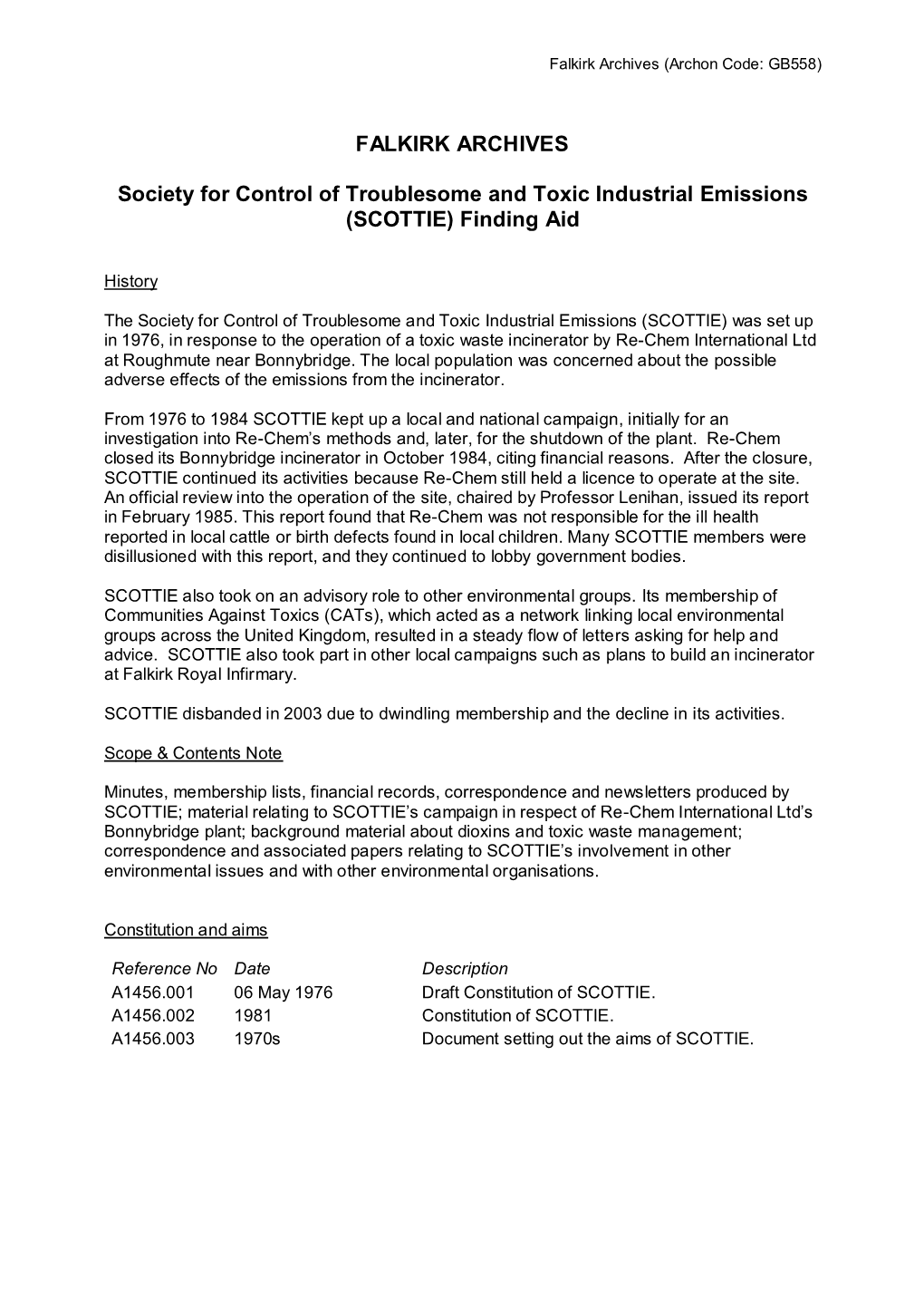 Society for Control of Troublesome and Toxic Industrial Emissions (SCOTTIE) Finding Aid