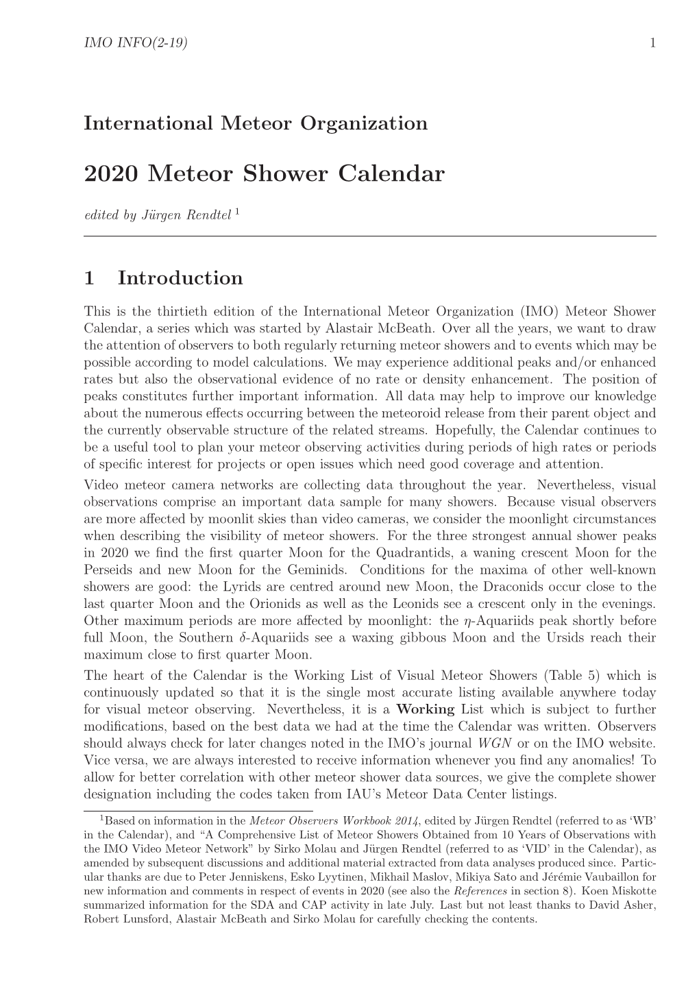 2020 Meteor Shower Calendar Edited by J¨Urgen Rendtel 1