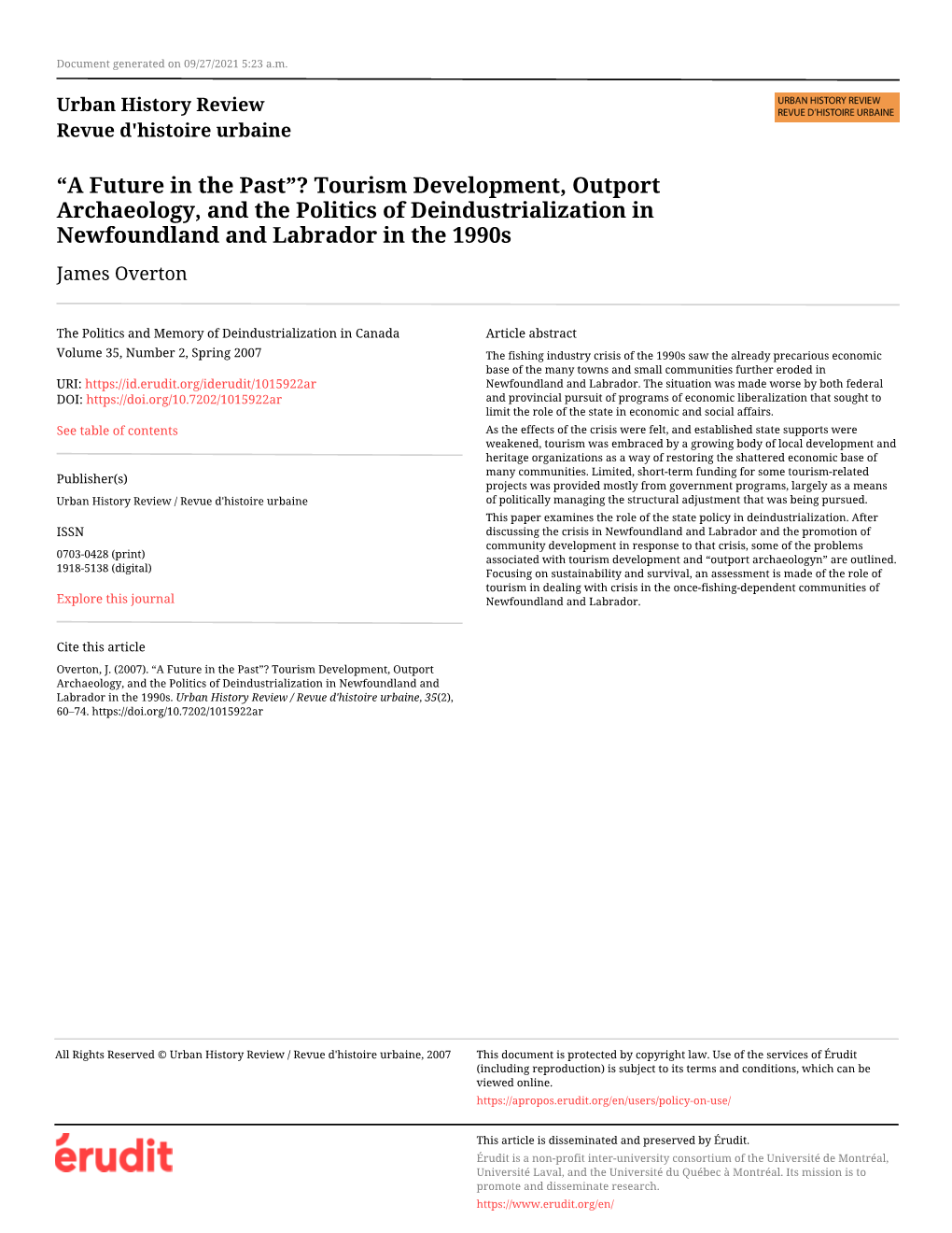 Tourism Development, Outport Archaeology, and the Politics of Deindustrialization in Newfoundland and Labrador in the 1990S James Overton