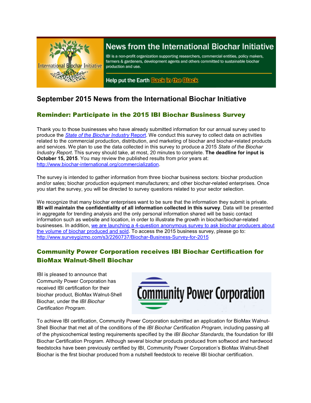 September 2015 News from the International Biochar Initiative