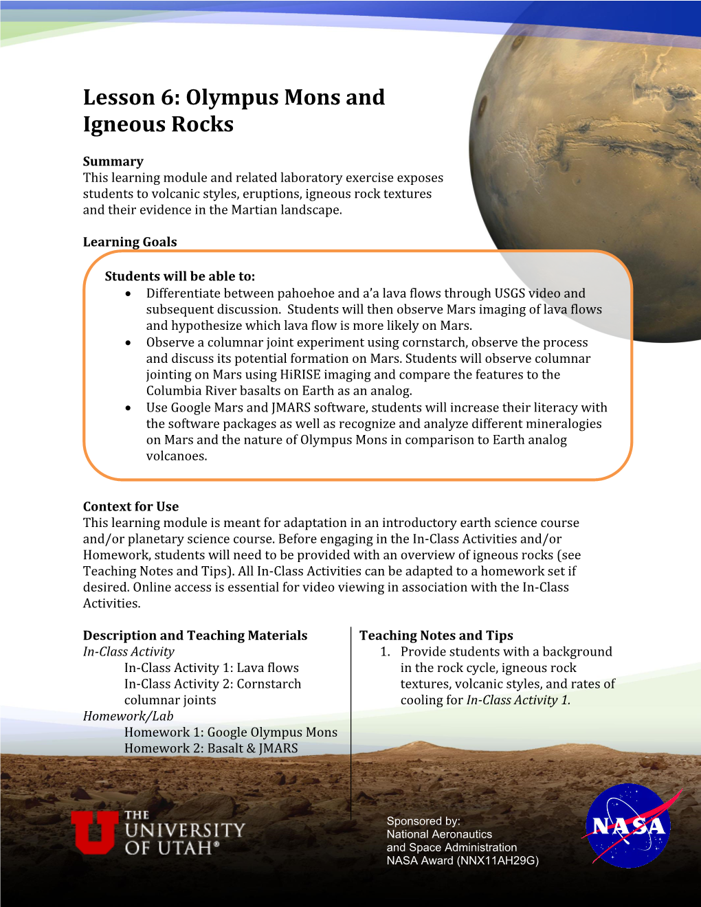 Lesson 6: Olympus Mons and Igneous Rocks