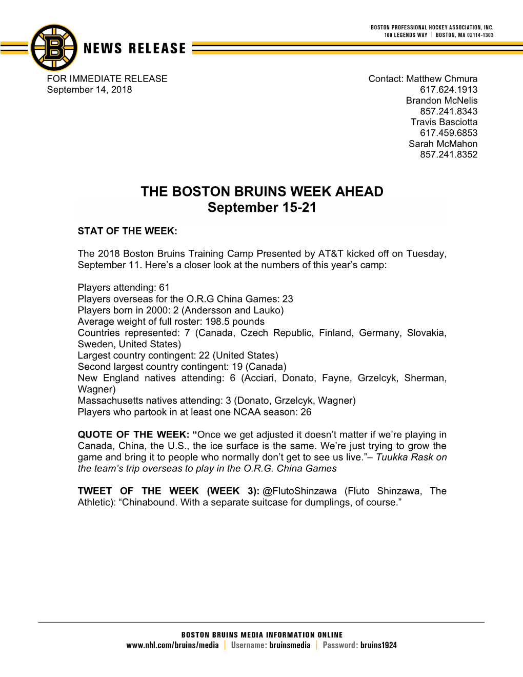THE BOSTON BRUINS WEEK AHEAD September 15-21