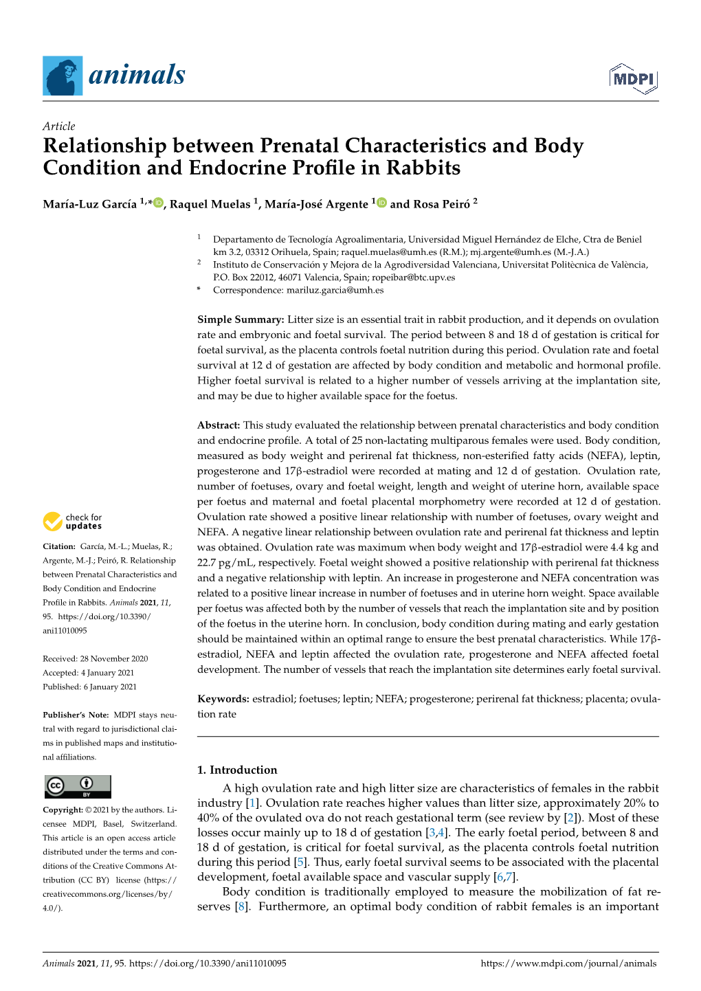Relationship Between Prenatal Characteristics and Body Condition and Endocrine Profile in Rabbits