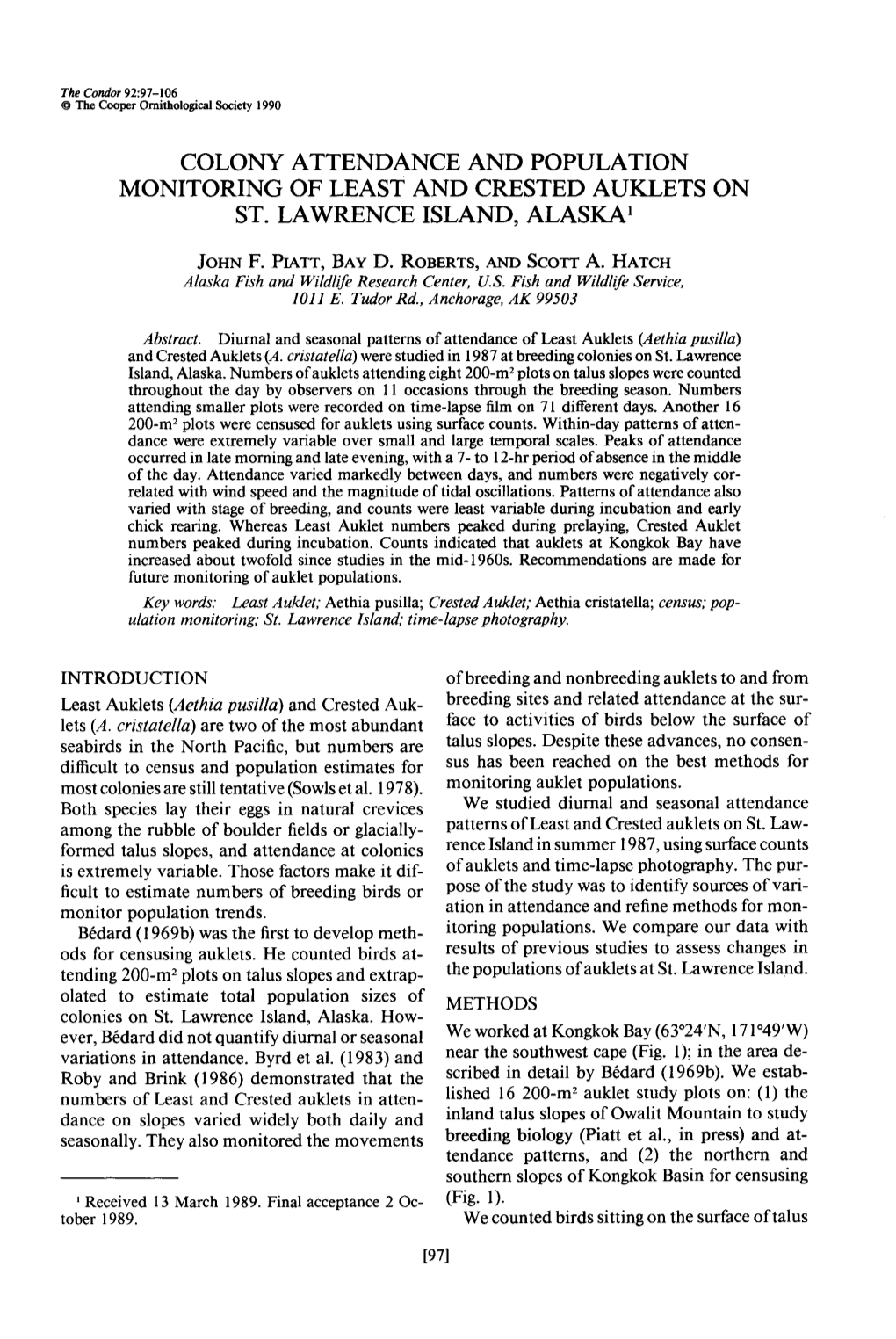 Colony Attendance and Population Monitoring of Least and Crested Auklets on St