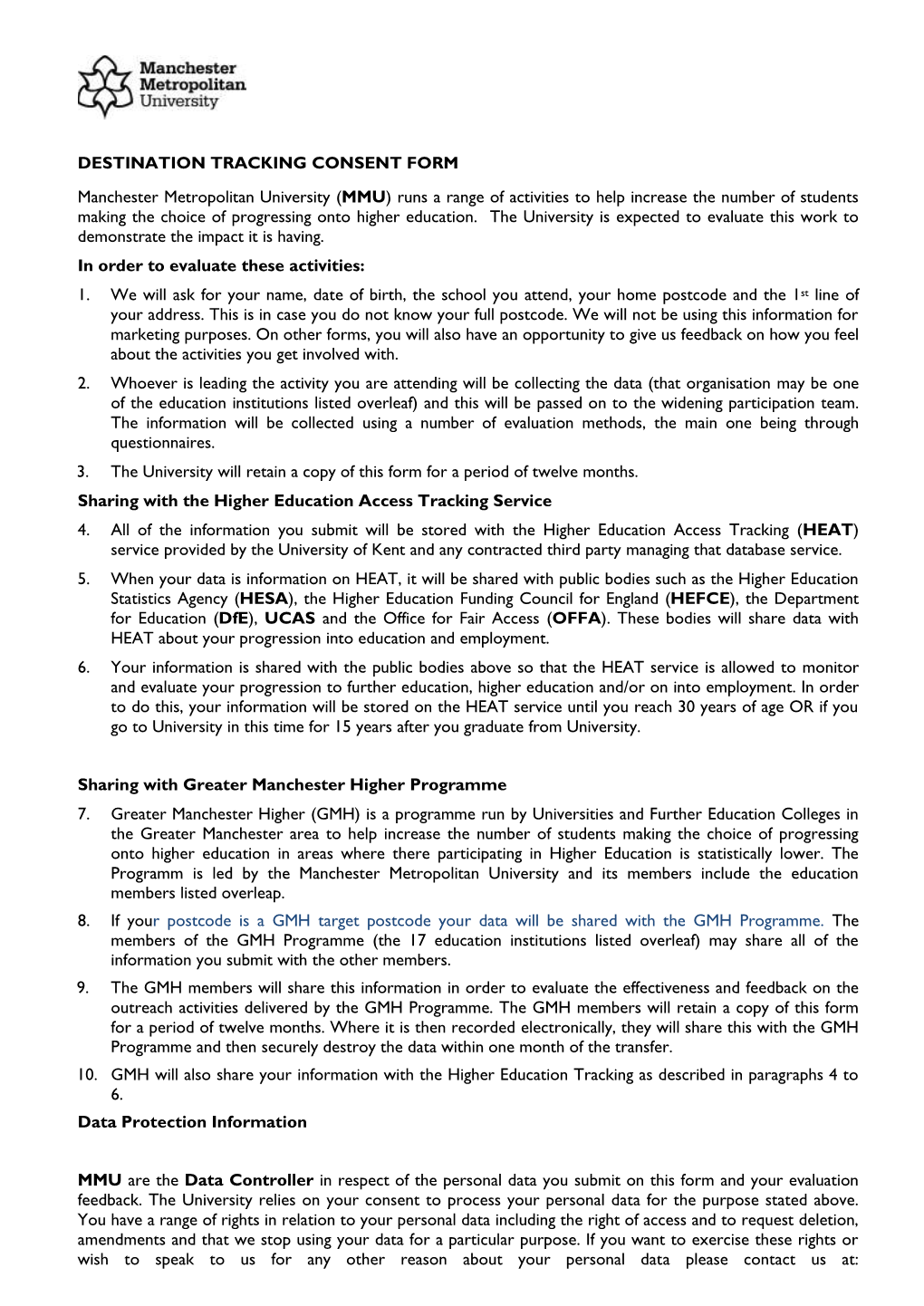 DESTINATION TRACKING CONSENT FORM Manchester Metropolitan