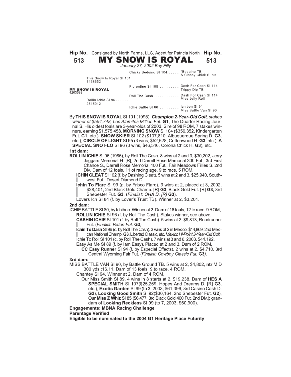 MY SNOW IS ROYAL 513 January 27, 2002 Bay Filly Chicks Beduino SI 104