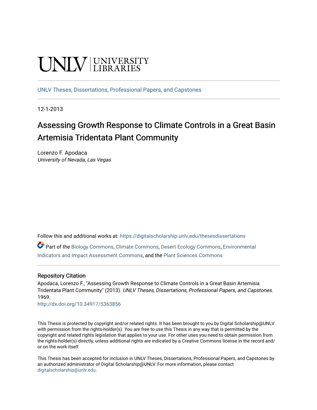 Assessing Growth Response to Climate Controls in a Great Basin Artemisia Tridentata Plant Community