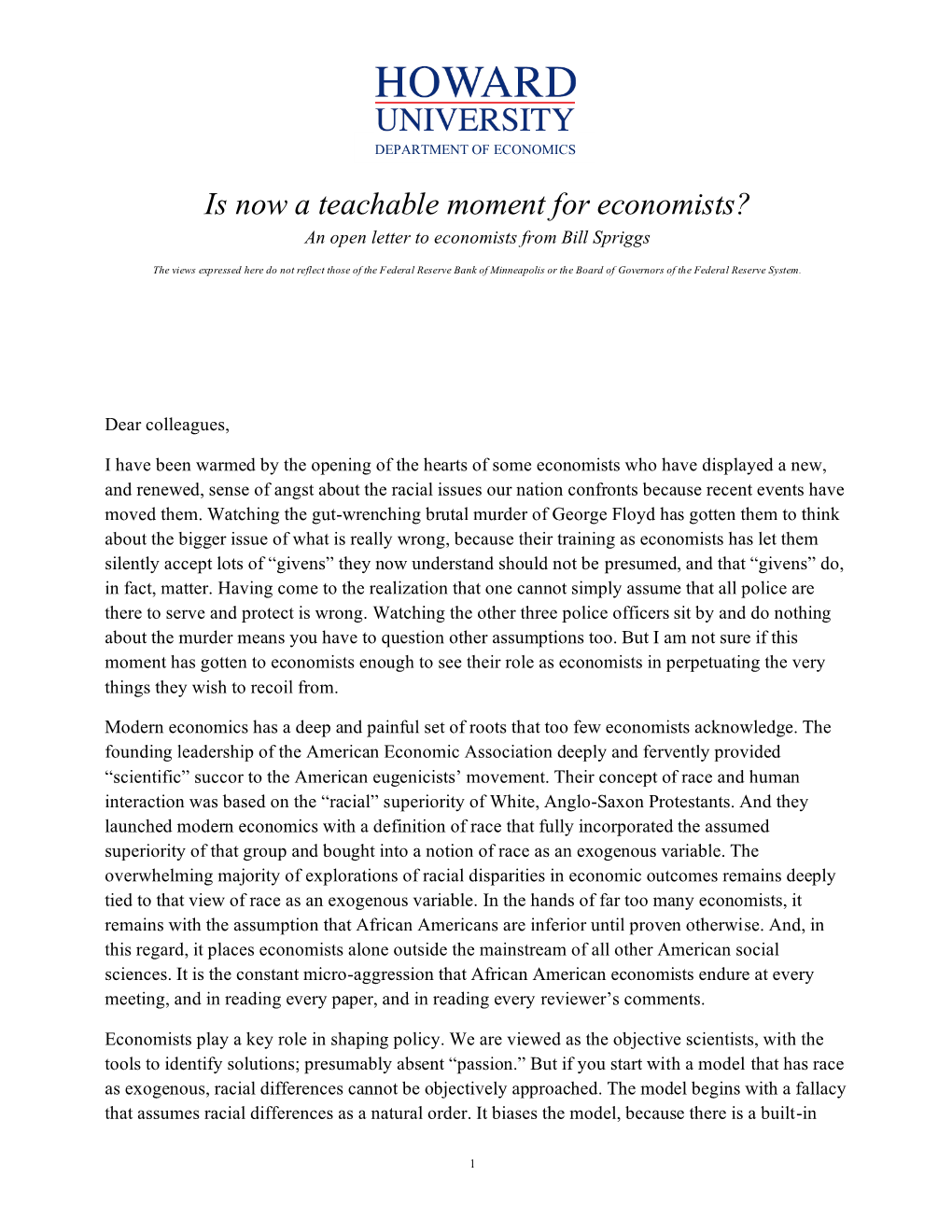 Is Now a Teachable Moment for Economists? an Open Letter to Economists from Bill Spriggs