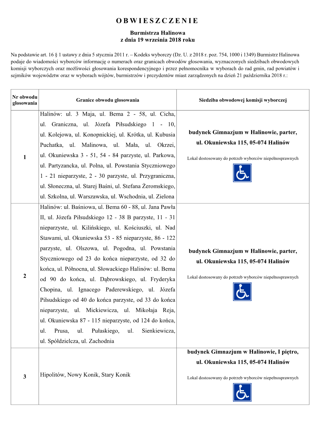 OBWIESZCZENIE Burmistrza Halinowa Z Dnia 19 Września 2018 Roku