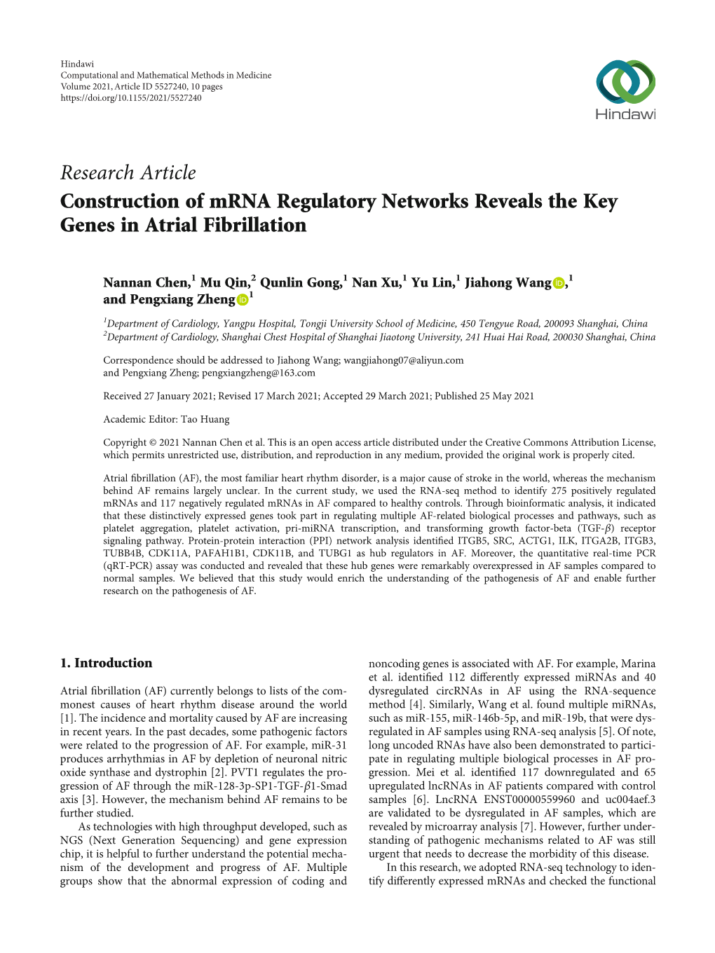 Research Article Construction of Mrna Regulatory Networks Reveals the Key Genes in Atrial Fibrillation