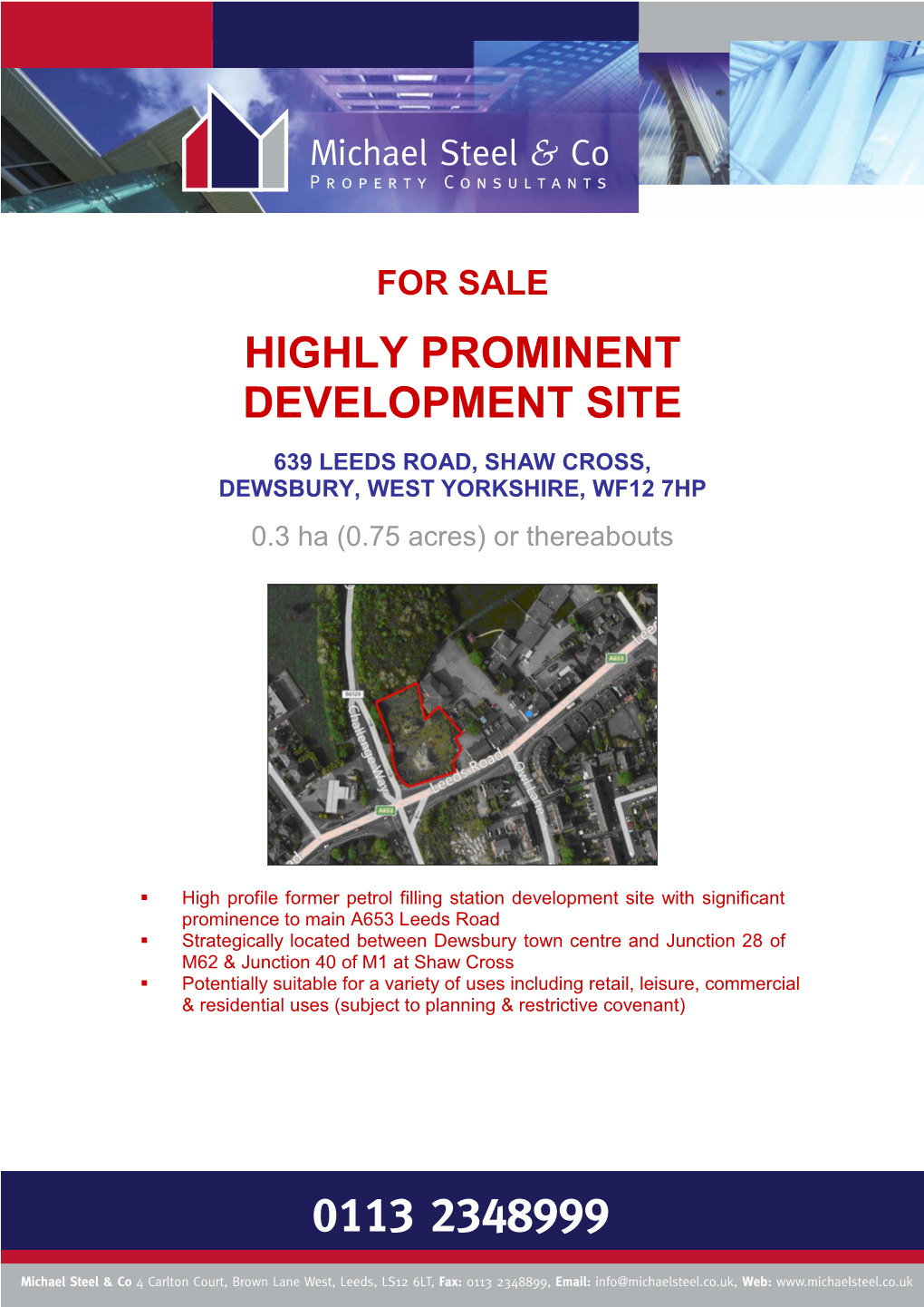 For Sale Highly Prominent Development Site 639 Leeds Road, Shaw Cross, Dewsbury, West Yorkshire, Wf12
