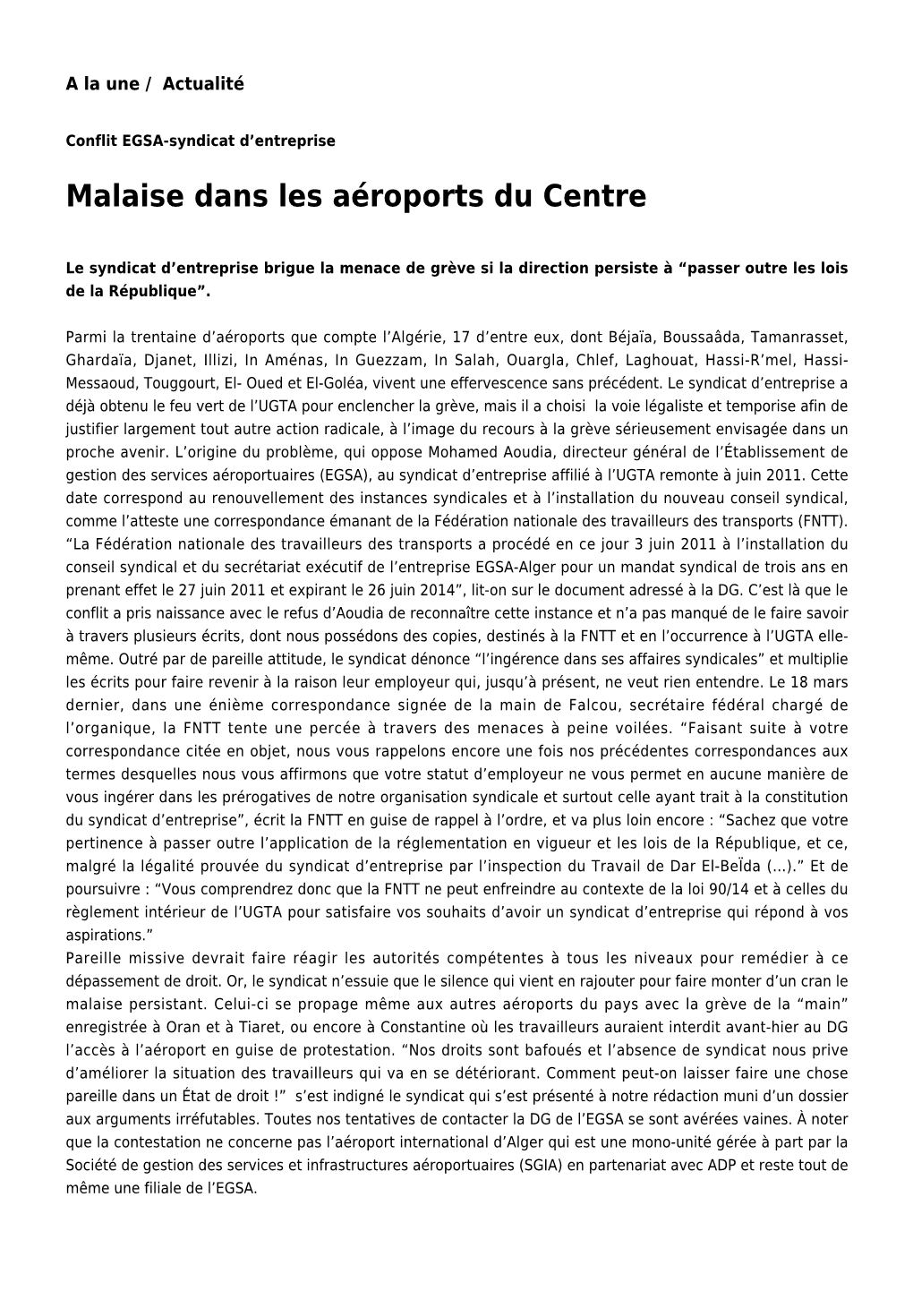 Malaise Dans Les Aéroports Du Centre : Toute L'actualité Sur Liberte-Algerie