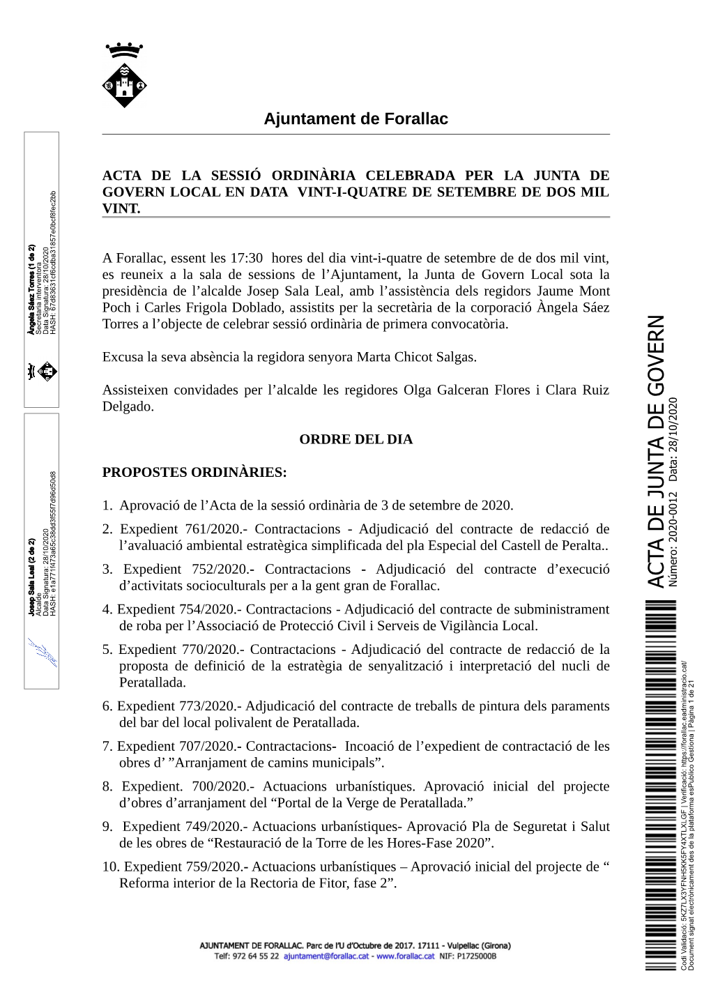 Acta De La Junta De Govern Local De 24 De Setembre De 2020