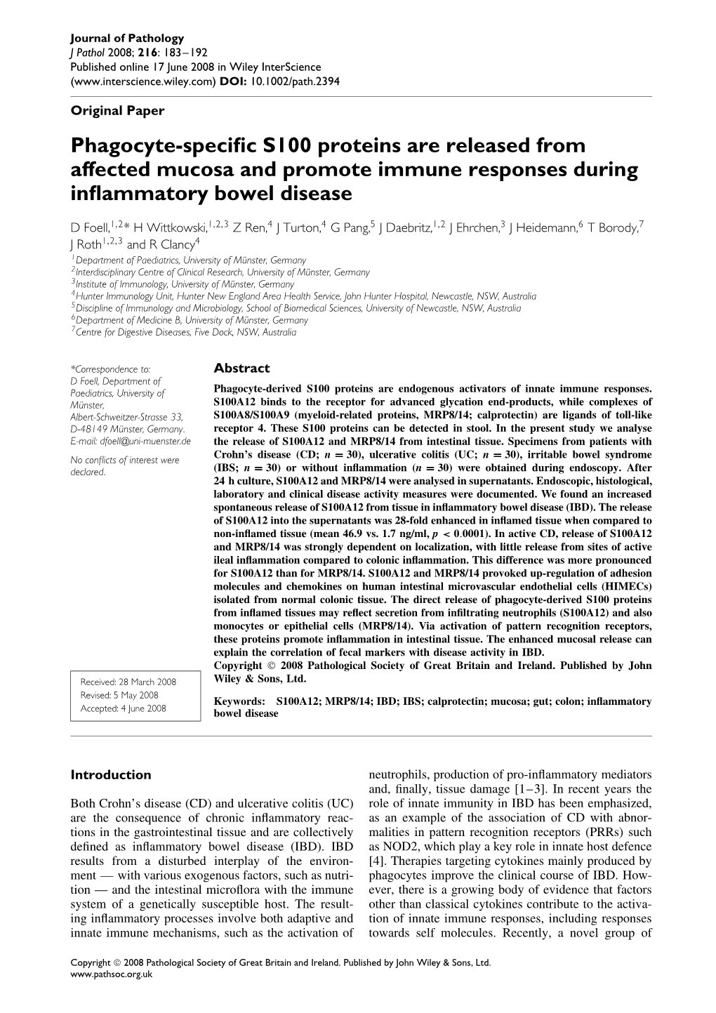 Phagocyte-Specific S100 Proteins Are Released from Affected Mucosa and Promote Immune Responses During Inflammatory Bowel Diseas