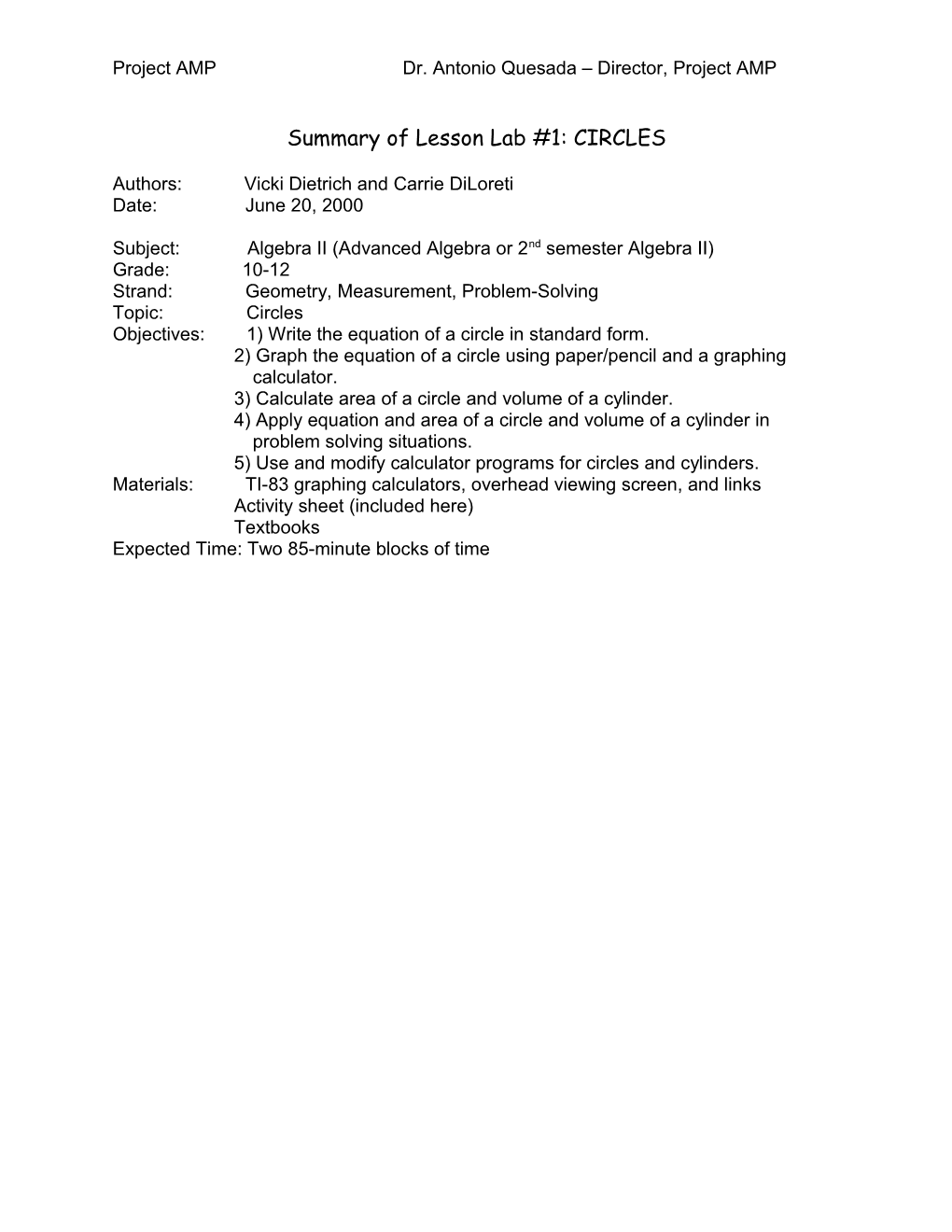 Summary of Lesson Lab: CIRCLES