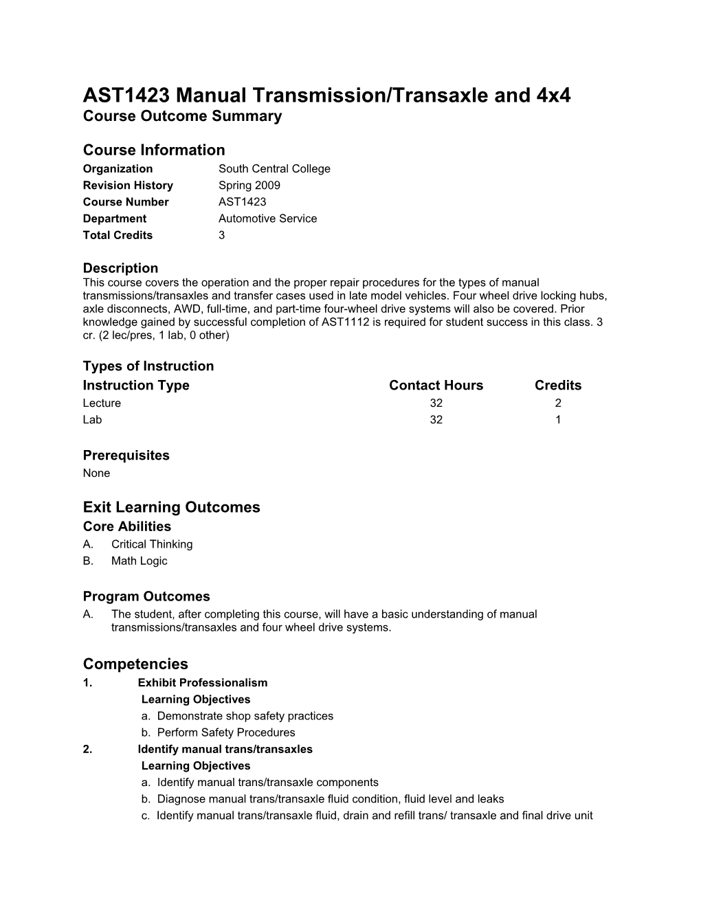 AST1423 Manual Transmission/Transaxle and 4X4 Course Outcome Summary