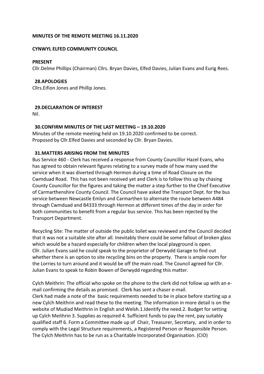 MINUTES of the REMOTE MEETING 16.11.2020 CYNWYL ELFED COMMUNITY COUNCIL PRESENT Cllr.Delme Phillips (Chairman) Cllrs. Bryan Davi