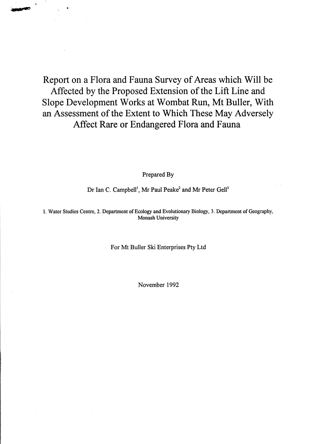 Report on a Flora and Fauna Survey of Areas Which Will Be Affected