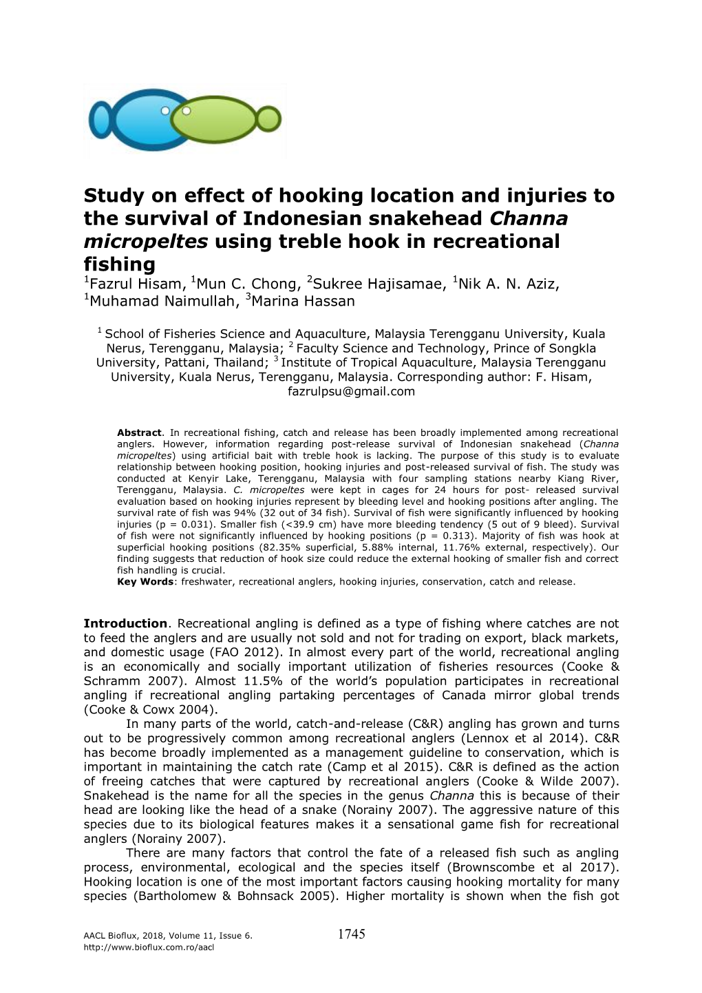Study on Effect of Hooking Location and Injuries to the Survival Of