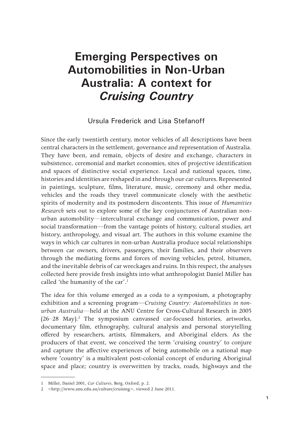 Emerging Perspectives on Automobilities in Non-Urban Australia: a Context for Cruising Country