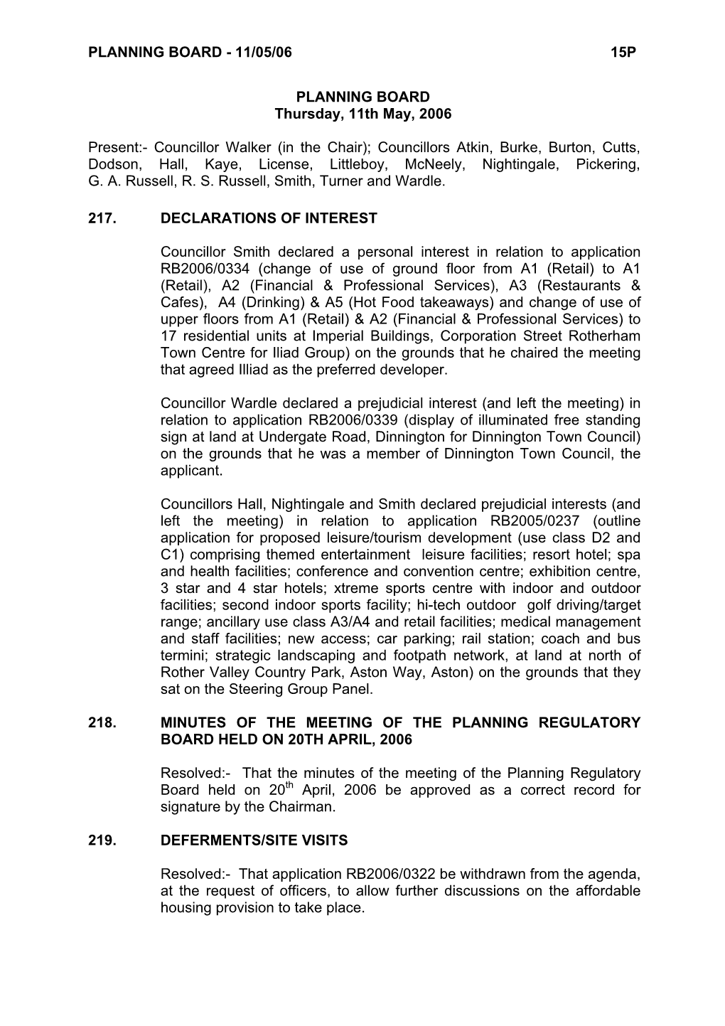 11/05/06 15P PLANNING BOARD Thursday, 11Th May, 2006 Present