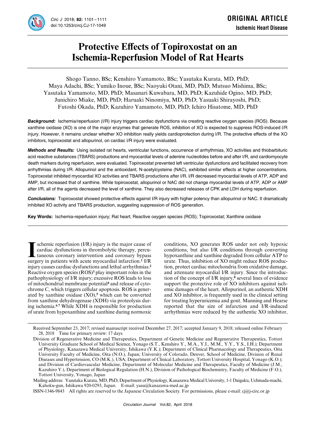 Protective Effects of Topiroxostat on an Ischemia-Reperfusion Model of Rat Hearts