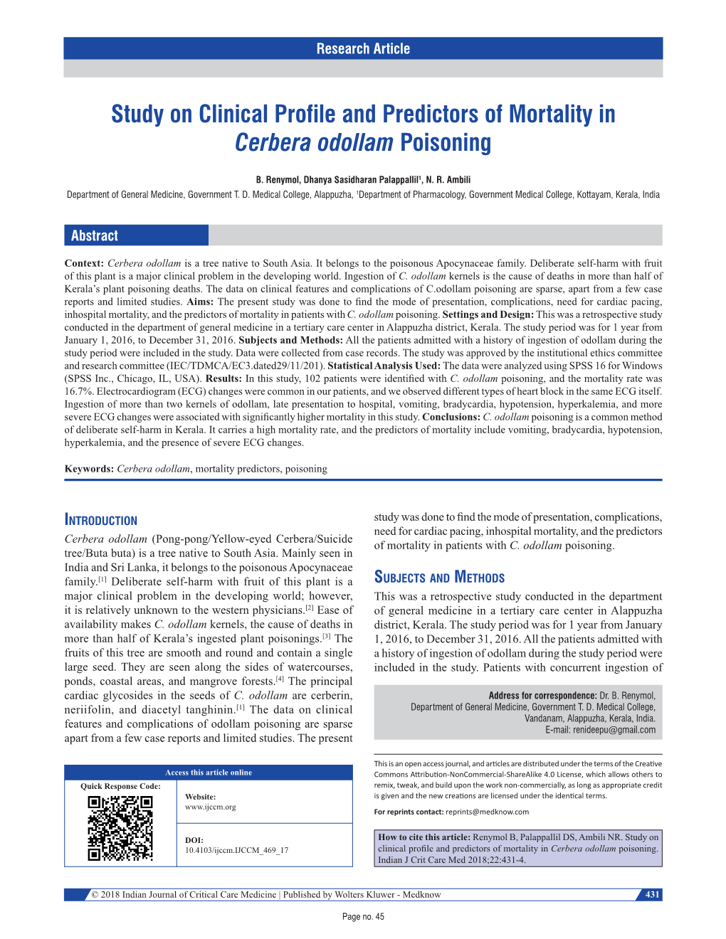 Study on Clinical Profile and Predictors of Mortality in Cerbera Odollam Poisoning