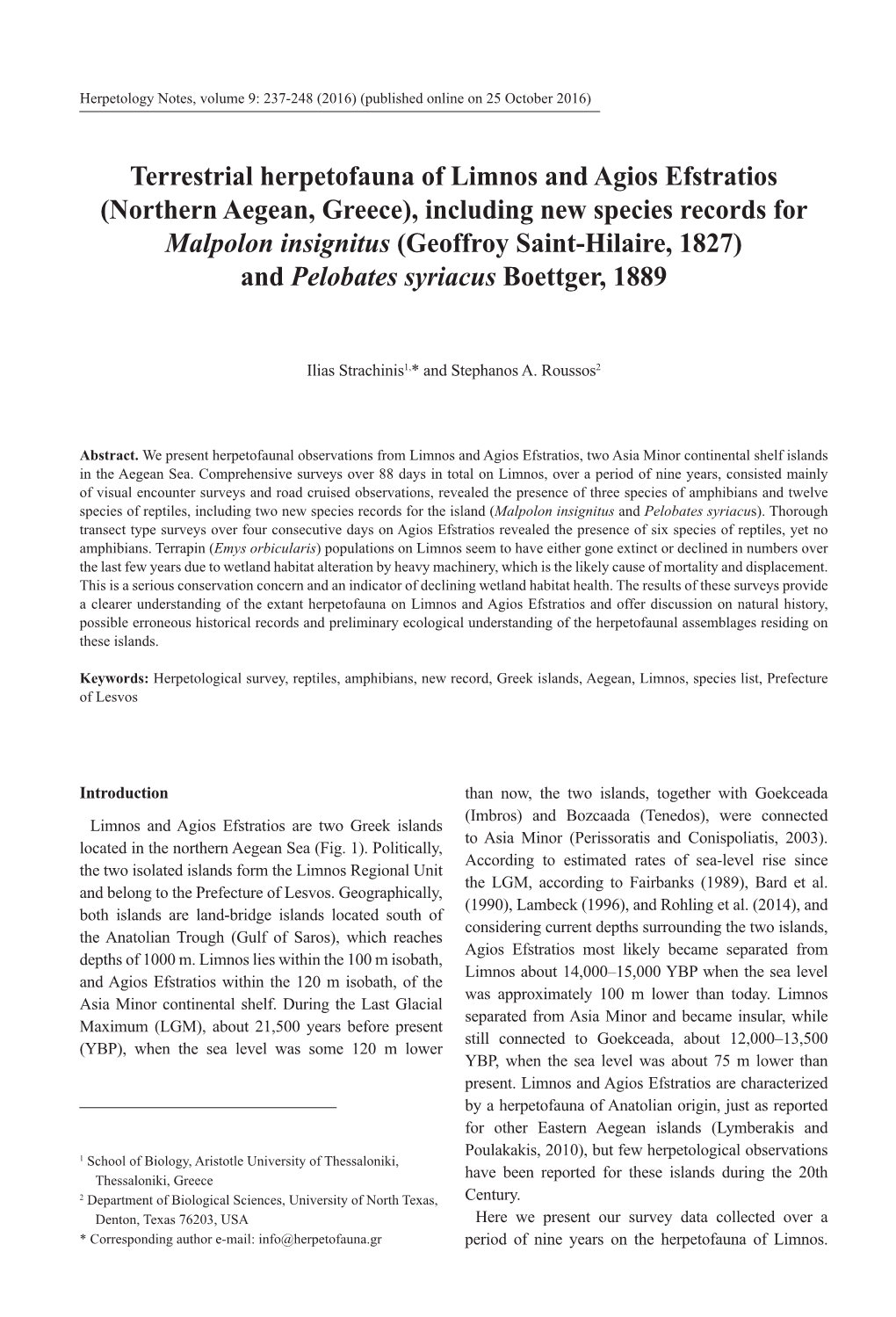 Terrestrial Herpetofauna of Limnos and Agios Efstratios (Northern Aegean, Greece)