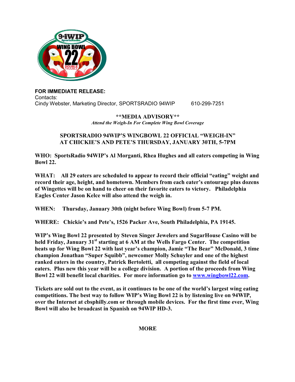 Media Advisory** Sportsradio 94Wip's