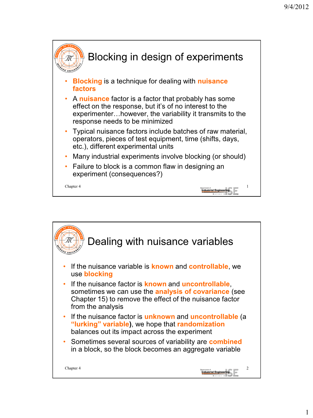 Design of Engineering Experiments Part 3 – the Blocking Principle