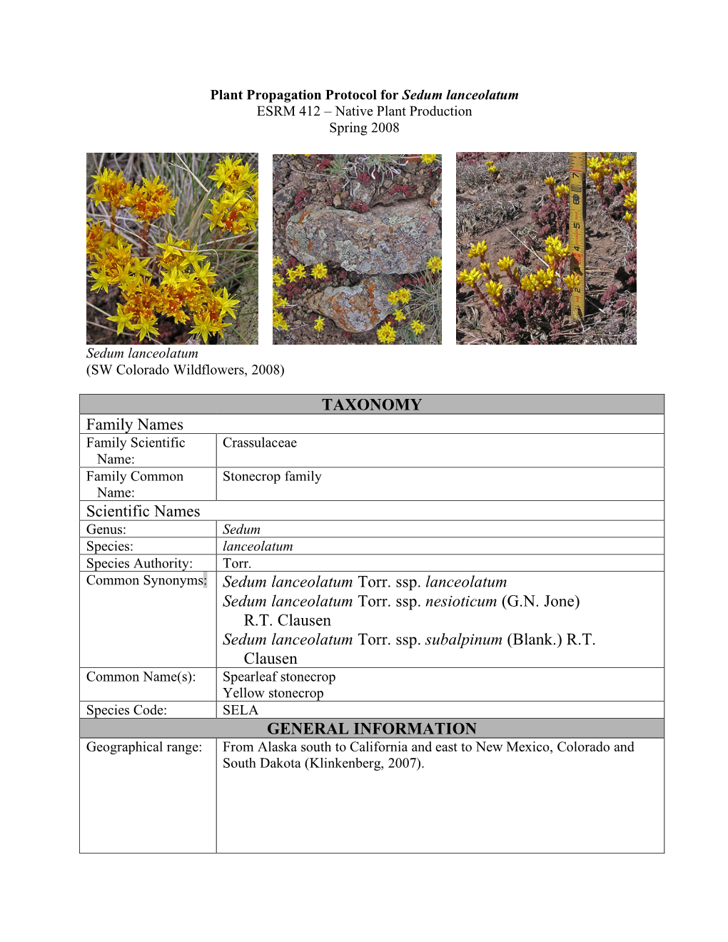 TAXONOMY Family Names Scientific Names