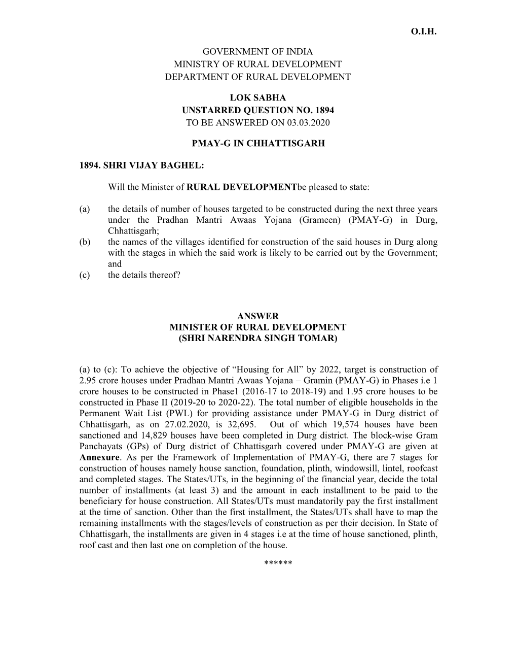 Lok Sabha Unstarred Question No. 1894 to Be Answered on 03.03.2020