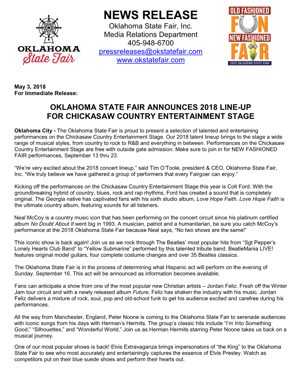 NEWS RELEASE Oklahoma State Fair, Inc