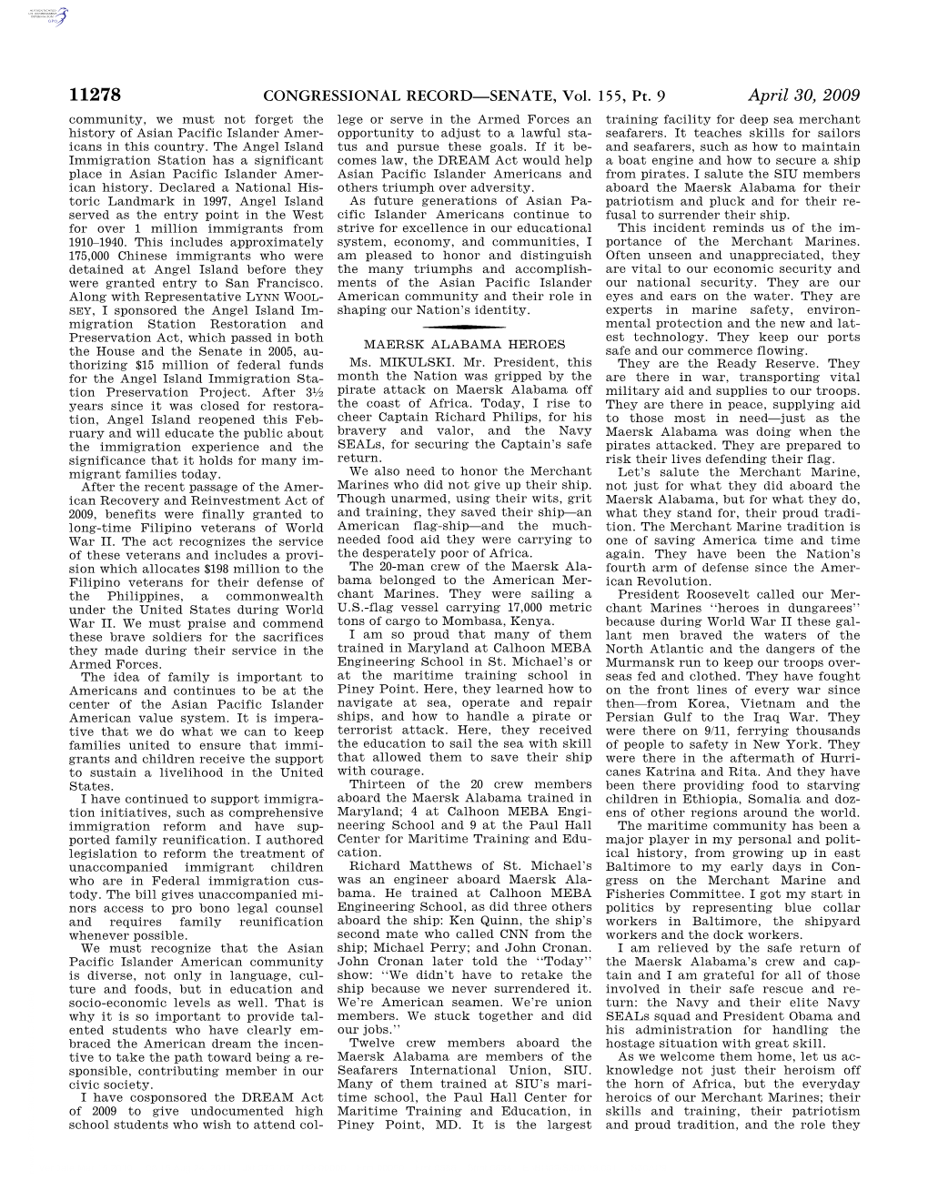 CONGRESSIONAL RECORD—SENATE, Vol. 155, Pt. 9 April 30, 2009