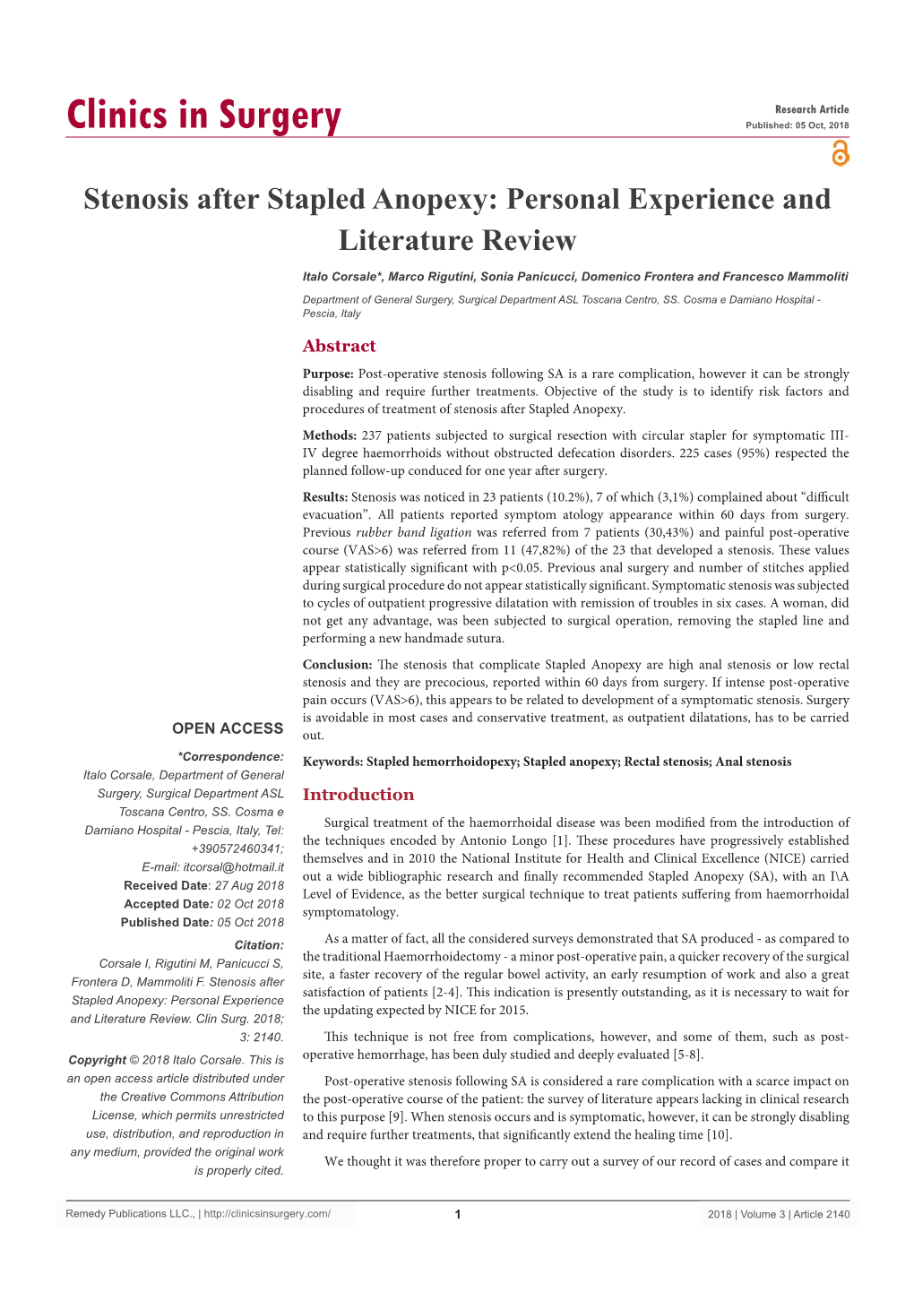 Stenosis After Stapled Anopexy: Personal Experience and Literature Review