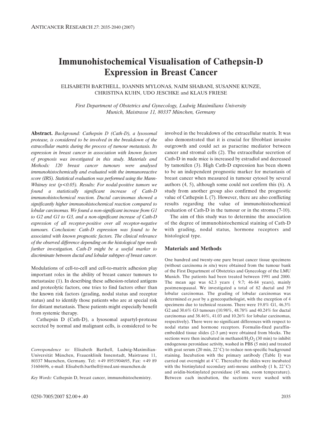 Immunohistochemical Visualisation of Cathepsin-D Expression in Breast Cancer