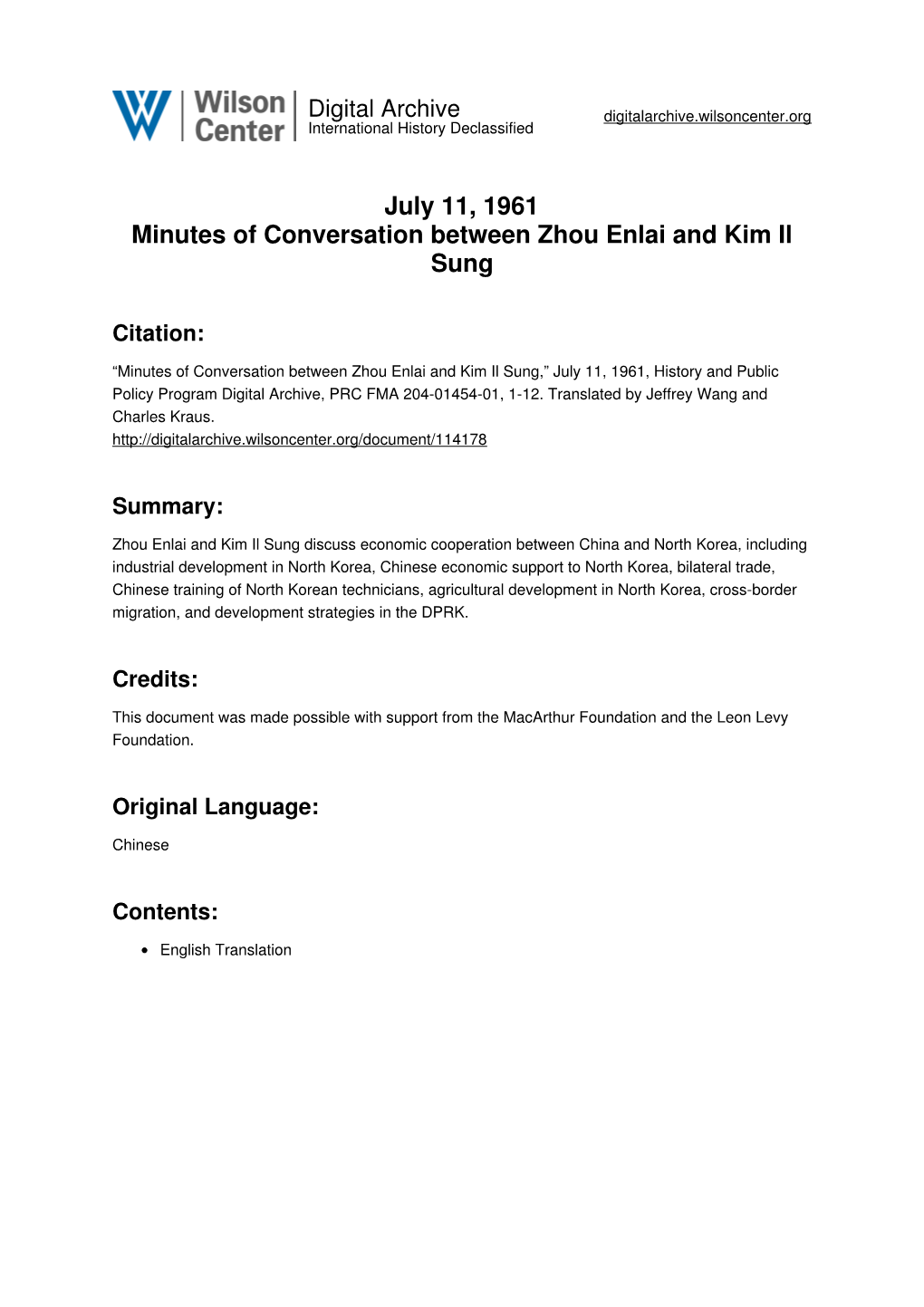 July 11, 1961 Minutes of Conversation Between Zhou Enlai and Kim Il Sung