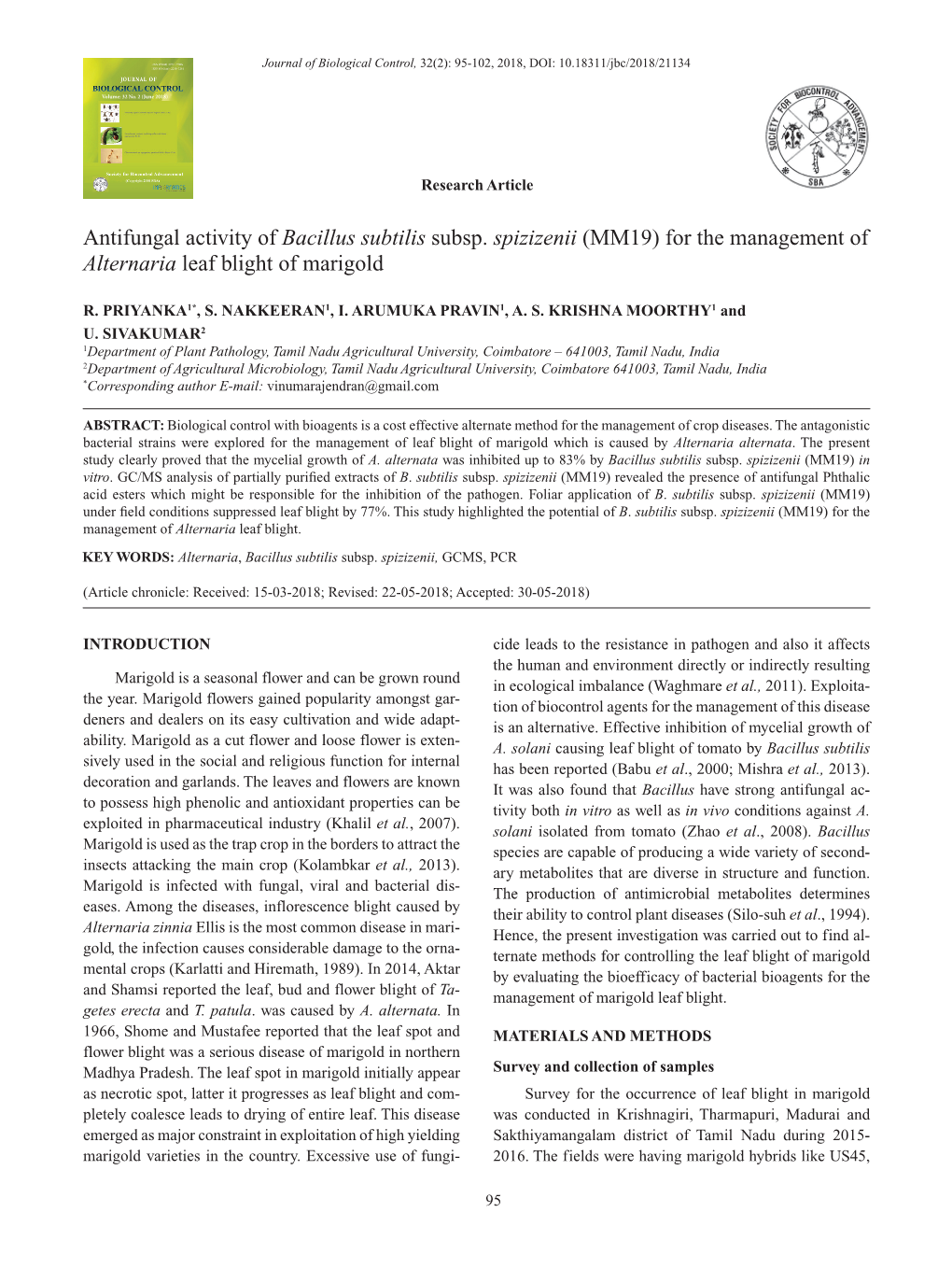 Antifungal Activity of Bacillus Subtilis Subsp. Spizizenii (MM19) for the Management of Alternaria Leaf Blight of Marigold