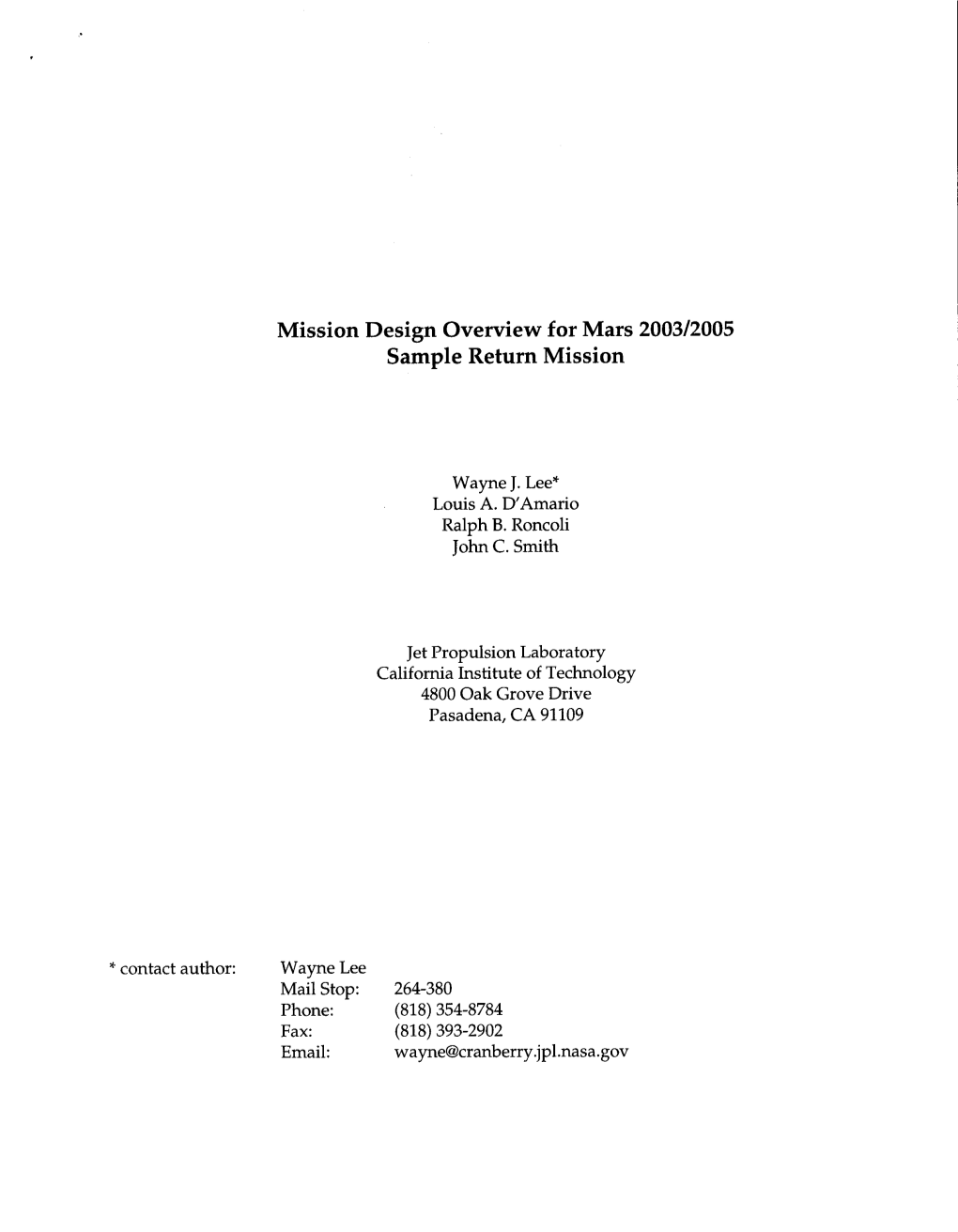 Mission Design Overview for Mars 2003/2005 Sample Return Mission