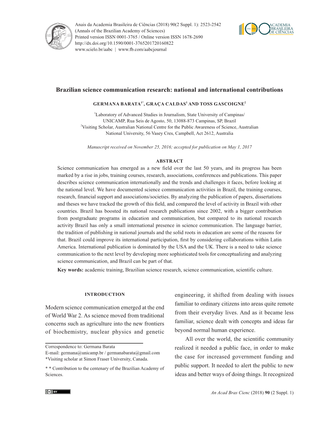 Brazilian Science Communication Research: National and International Contributions